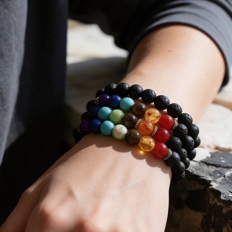 12pc Black Volcanic Stone Chakra Beaded Bracelet Set, Unisex